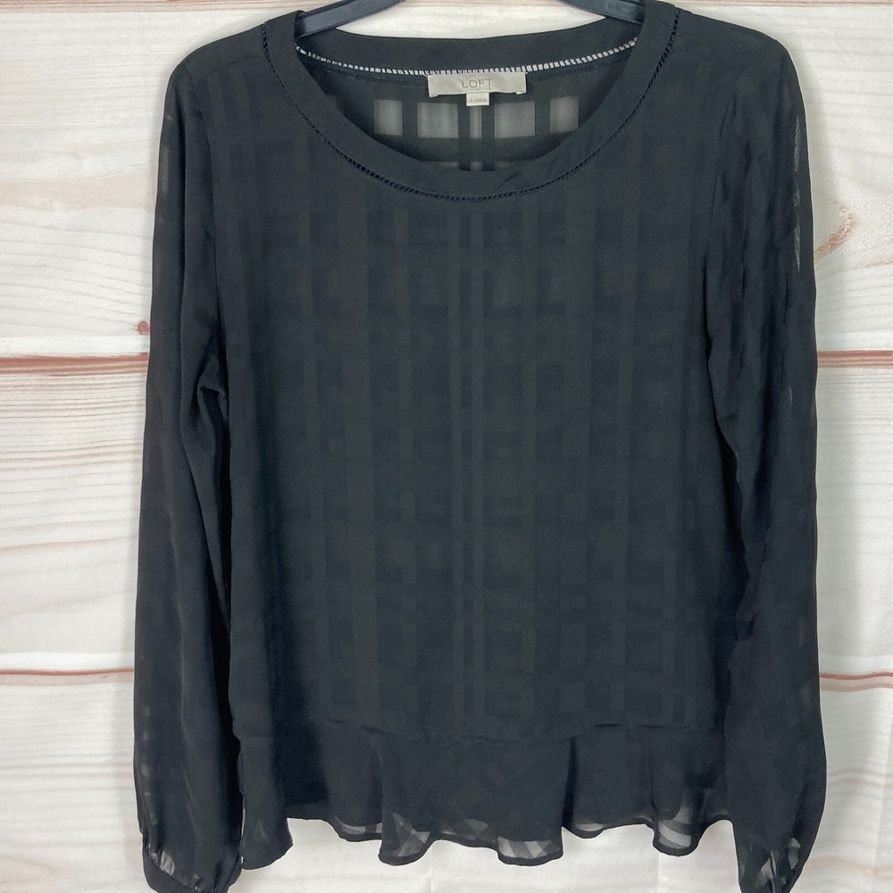 LOFT Top Womens S Black Long Sleeve Blouse Boat Neck Sheer Pullover Ruffle‎ Hem
